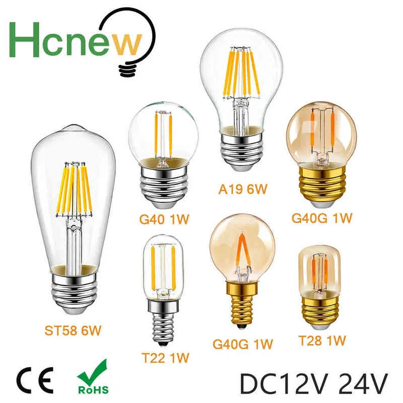 Lumière à Filament Led basse tension E12 E14, lampe Led DC12V 24V T22 G40 A19 ST58 6W, ampoule 2700K RV, lumière de salle de Locomotive H220428