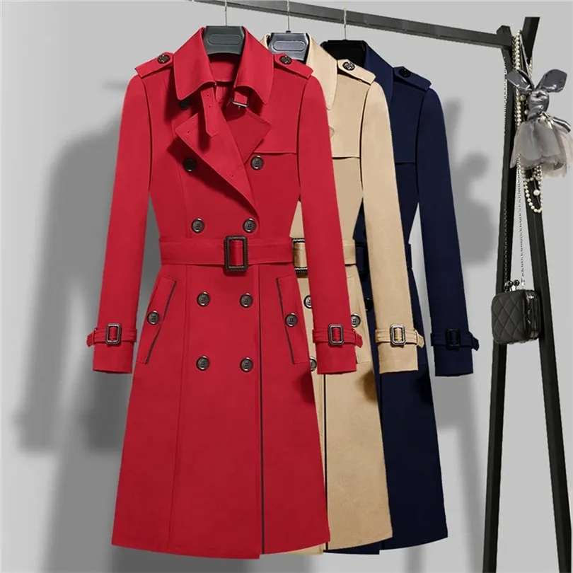 Stylish Double Breasted Long Trench Coat Buttons For Women Khaki