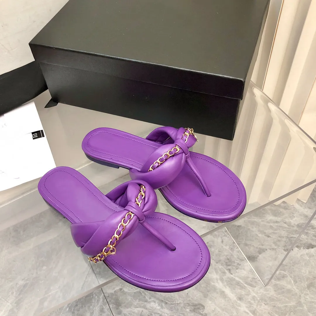 Lambskin Purple Sandals Women Flat Low-keel Flip-Flops metal chain taintiving facaltives slippers slippers bow bow black bhitle mule