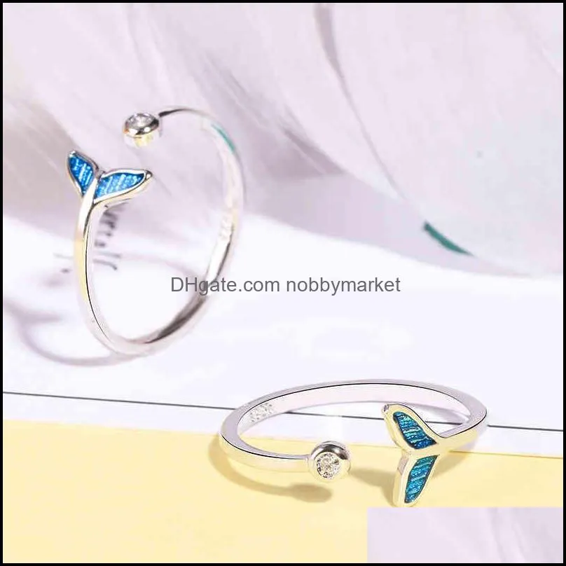 New Fashion Whale Tale Mermaid Clear Blue Silver Color Copper Finger Rings Stackable Adjustable for Women Jewelry Gift Dropship
