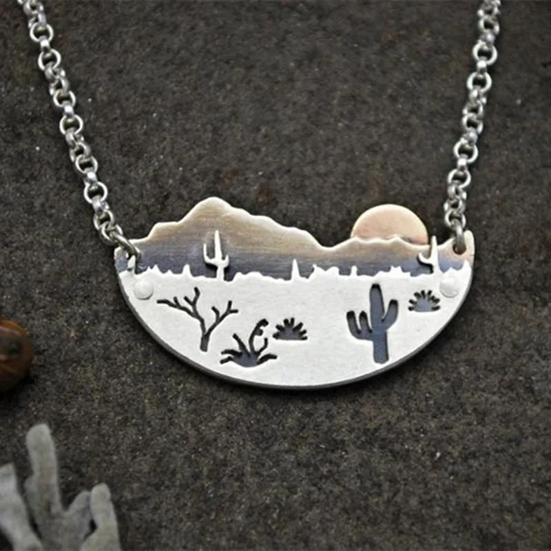 Pendant Necklaces Bohemia Desert Sun Necklace Silver Color Cactus Landscape For Women Girl Boho Fashion Jewelry Christmas GiftPendant