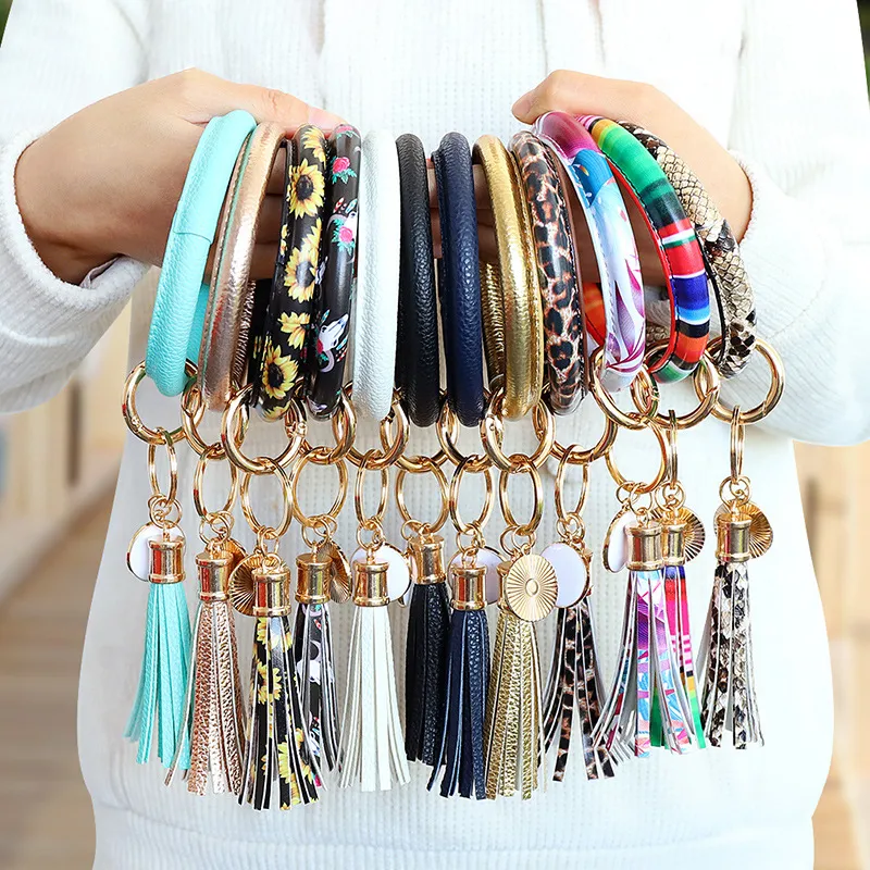 Fashion Sun Flower Luipaard Patroon Key Chain Leather Wrap Tassels armbanden Keychain Polsle Bracelet Tassel Keychains Round Bangle Keyring Bangle