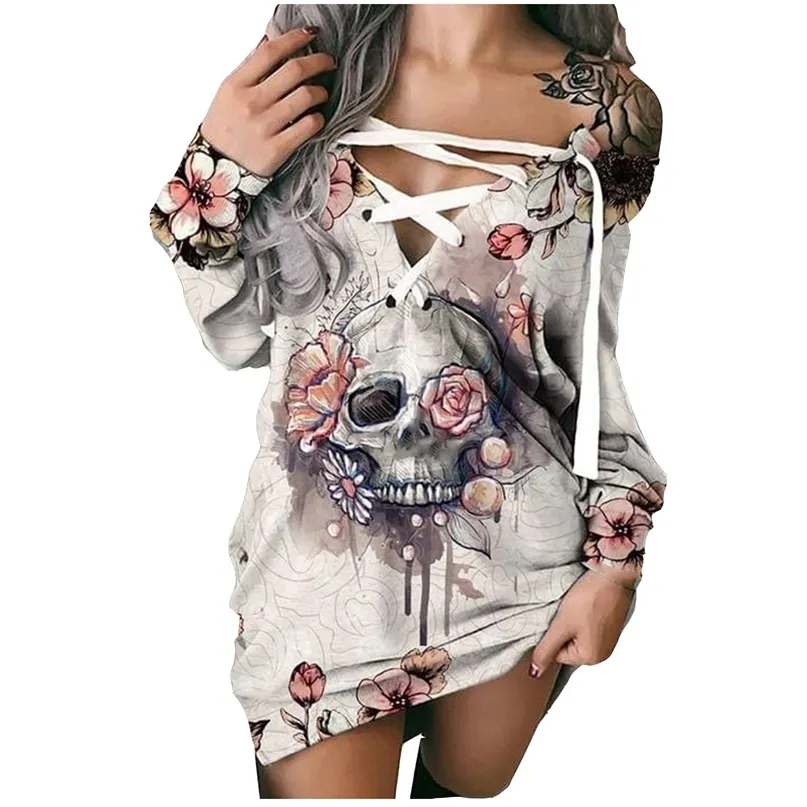 Vintage Skull Rose Print Dress Vestidos Autumn Winter Long Sleeve Lace Up Gothic Robes Femme Grunge Sweatshirt es 220613