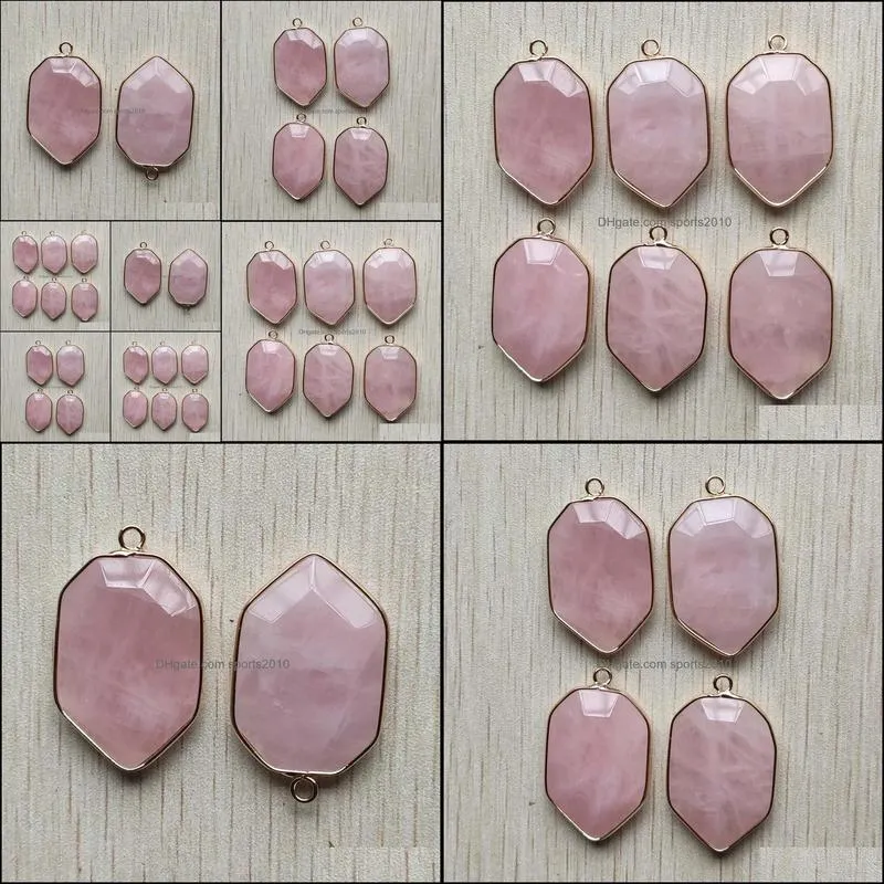 32mmx22mm natural rose quartz stone charms section shield shape golden connector pendants for jewelry making wholesale