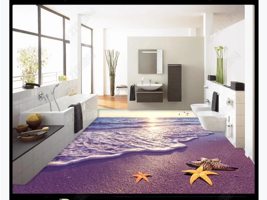 カスタムフォトフローリングの壁紙3D壁ステッカーモダンな地中海朝のビーチ3Dバスルーム床絵画壁紙