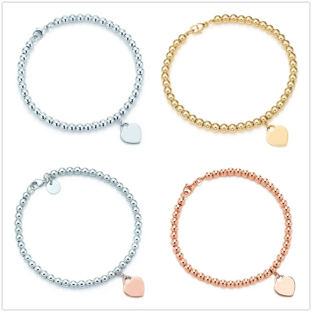 Mode 925 sterling zilveren tag liefde hart armbanden originele klassieke T kralen armband 4mm rose gouden kraal man vrouwen sieraden liefhebbers geschenken met doos