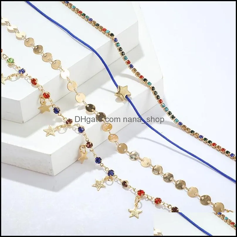 4Pcs / sets Luxury Colorful Crystal Stone Anklets For Women Gold color Wafer Star Pendant Rope Foot Chain Beach Jewelry