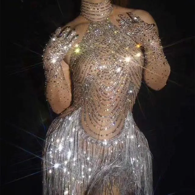 Scène Porter Diamants Incrustés Femmes Robe Frangée Cristal Perspective Maille Danse Latine Gogo Discothèque Spectacle Costumes Dames OutfitStage