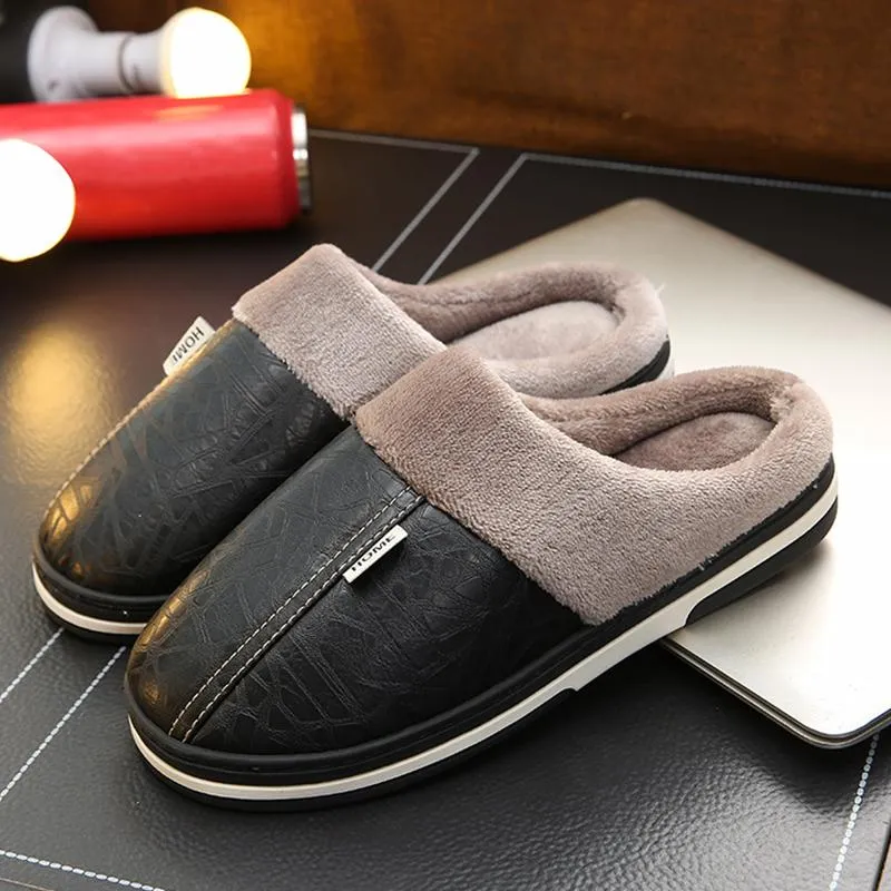 Slippers High Quality Mens Leather Big Size Warm Home Winter Slipper For Men Waterproof Platform Cozy Women