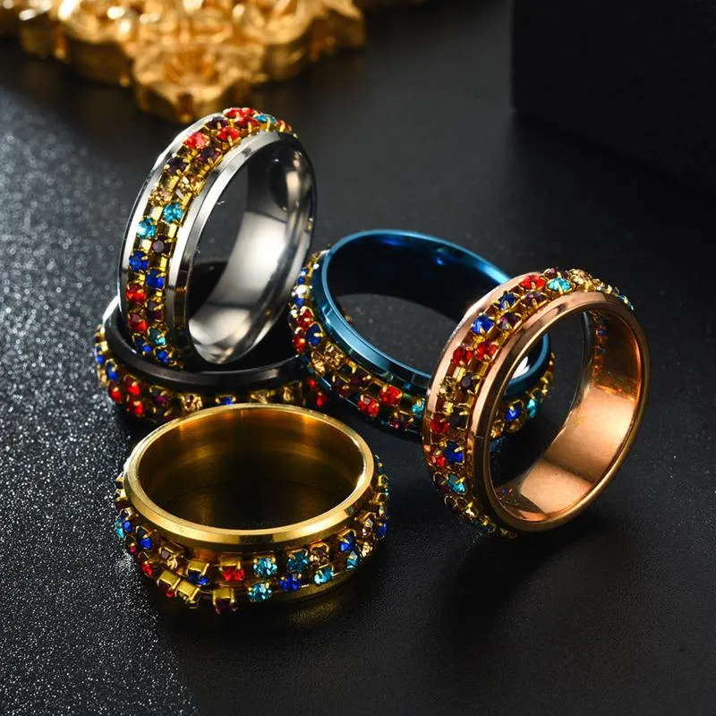 Cluster Rings Decompression Series smycken 8mm bred färgstarkt rostfritt stål inlagda strassningskedja Roterabel Ringcluster