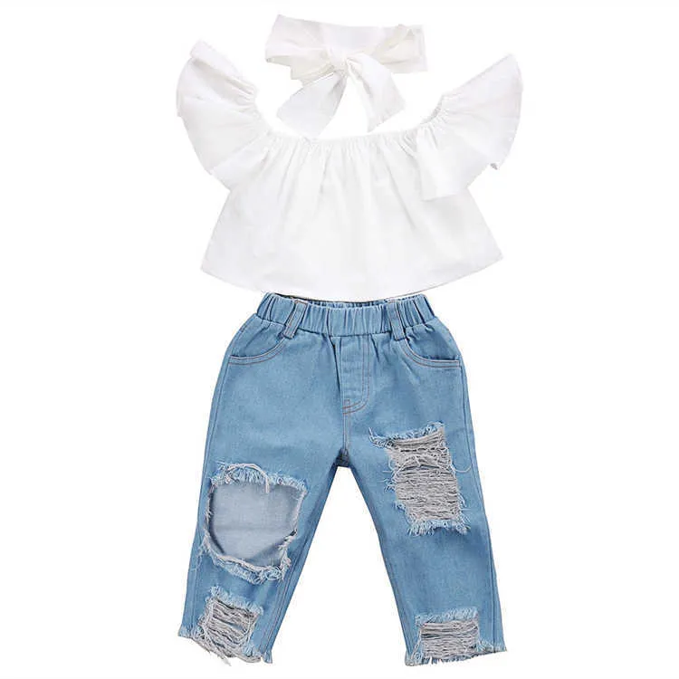 Kleding Baby Girl Kids Set Flying Sleeve White Top gescheurde jeans denim broek bogen hoofdband 3 stcs sets voor kinderen designer kleding meisjes