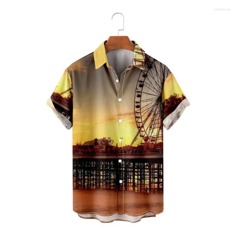 Chemises décontractées pour hommes Chemise hawaïenne pour hommes Beach Ferris Wheel 3D Imprimé Loose Short Sleeve TopMen's Eldd22