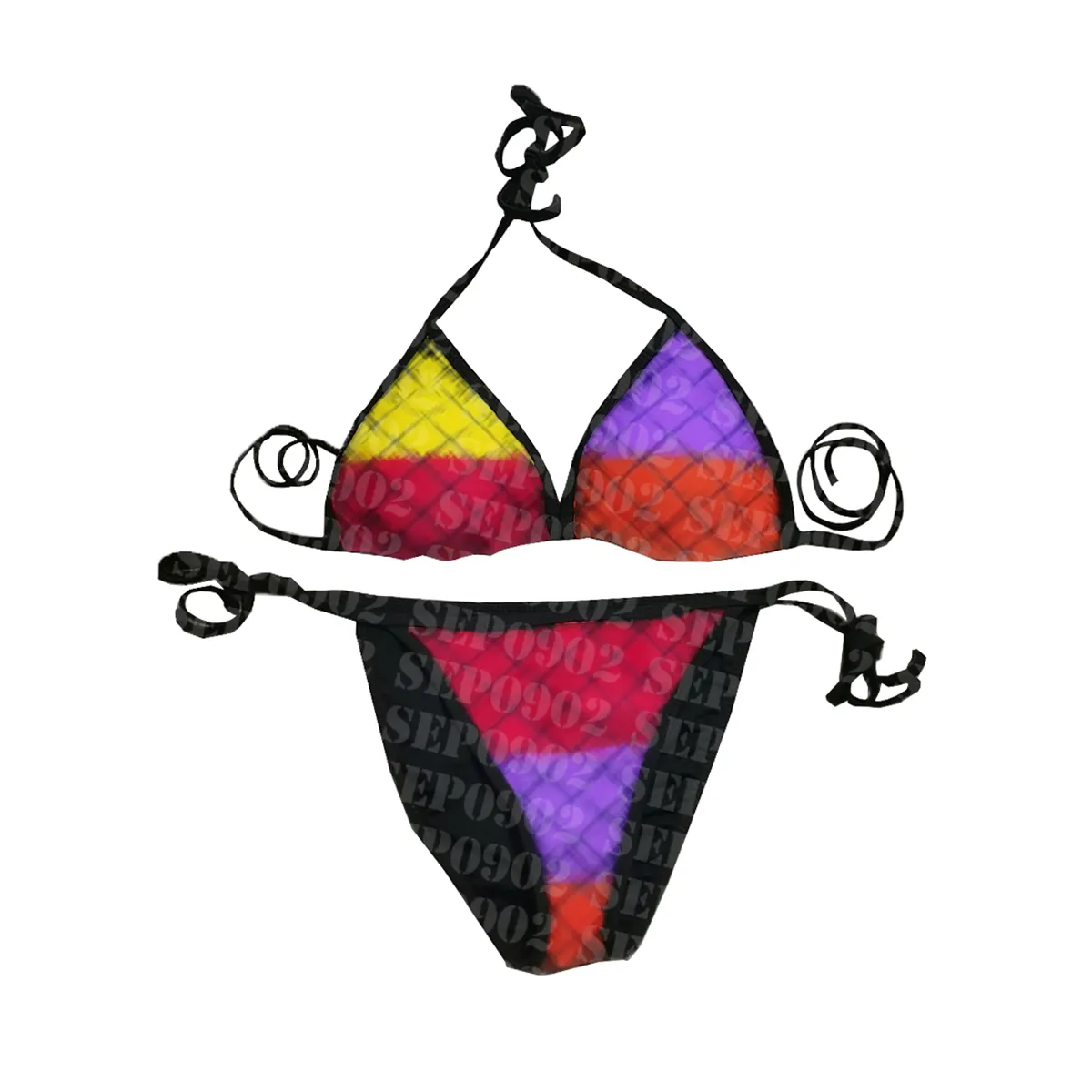 Bikini alla moda con patchwork, bikini jacquard con lettere di design, costume da bagno da viaggio da spiaggia in due pezzi