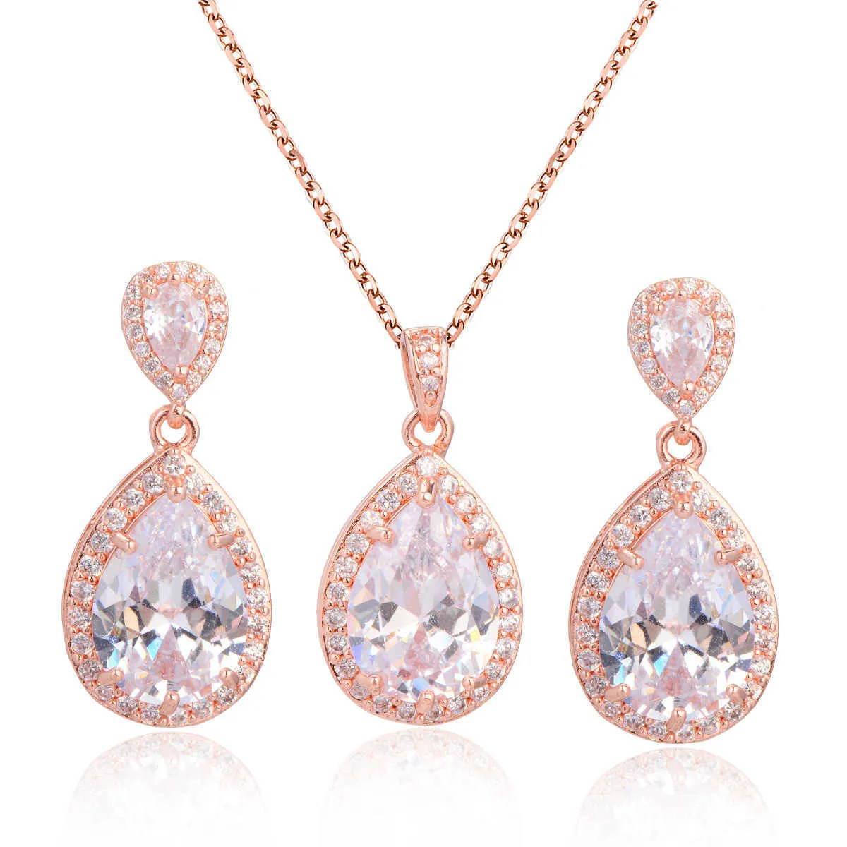 Bright large zircon Water Drop Necklace Earrings Set Bridal Wedding Accessories temperament simple set