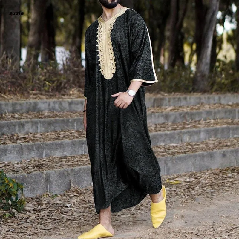 エスニック服プリントラペルイスラム教徒ドレスローブ男性用長袖シャツカフタントーブガウンエスニック
