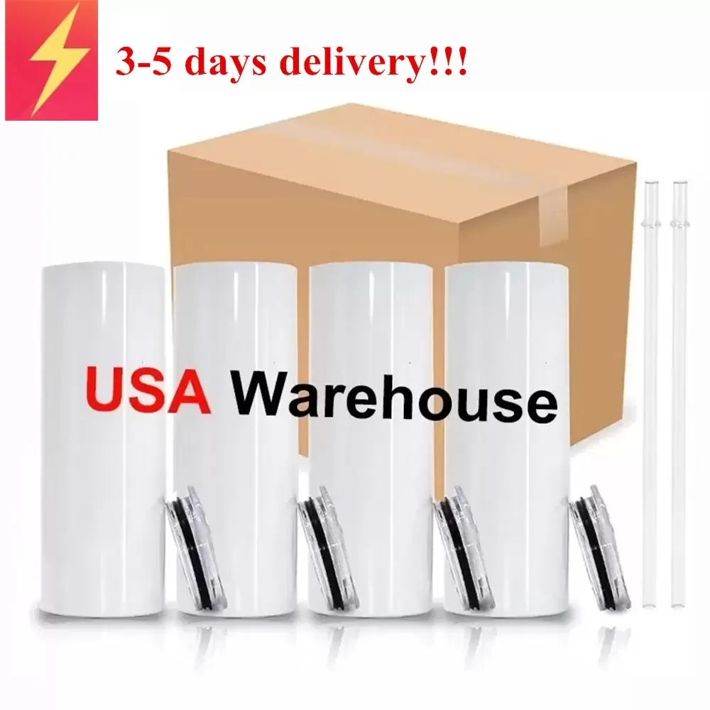 USA Local warehouse Sublimation 20oz Straight Tumbler blank white Stainless steel coffee cup with lid Plastic straw Double insulated vacuum water Bottles