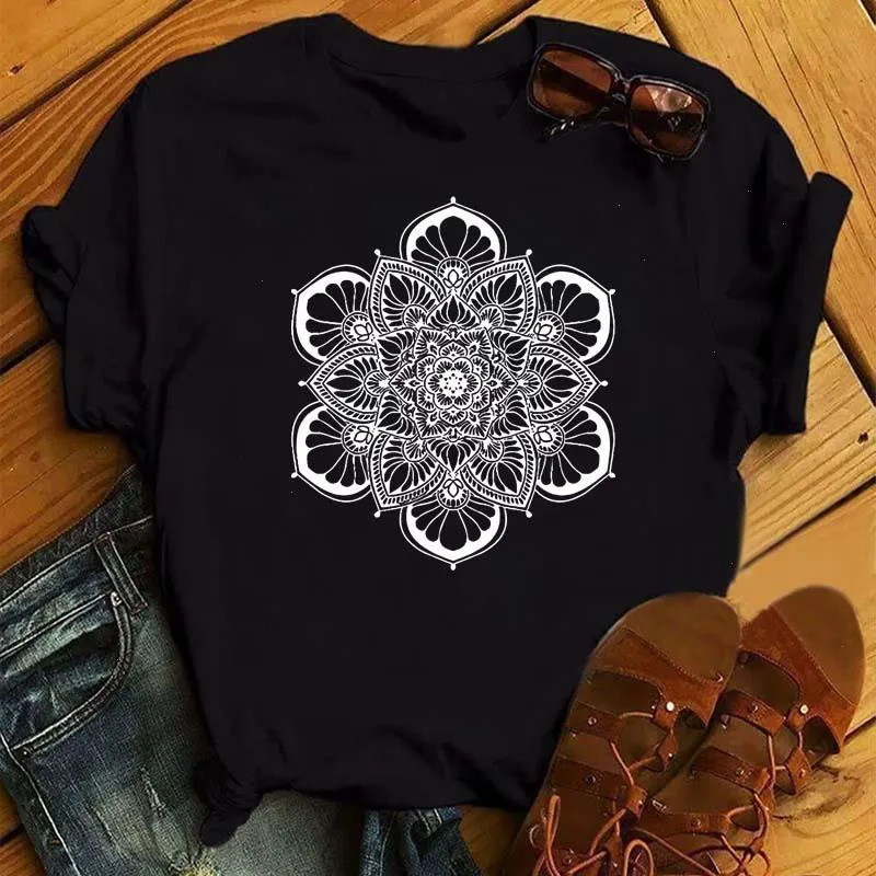 Tops para mujer, ropa de calle, estilo Harajuku, camiseta divertida para mujer, estampado gráfico de Mandala Kawaii, negro para mujer