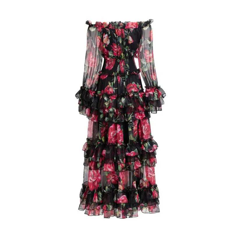 Summer Fall Off Shoulder Slash Neck Multicolor Chiffon Floral Print Tiered Panelled Long Maxi Dress Elegant Casual Dresses 22q280029 Plus Size xxl