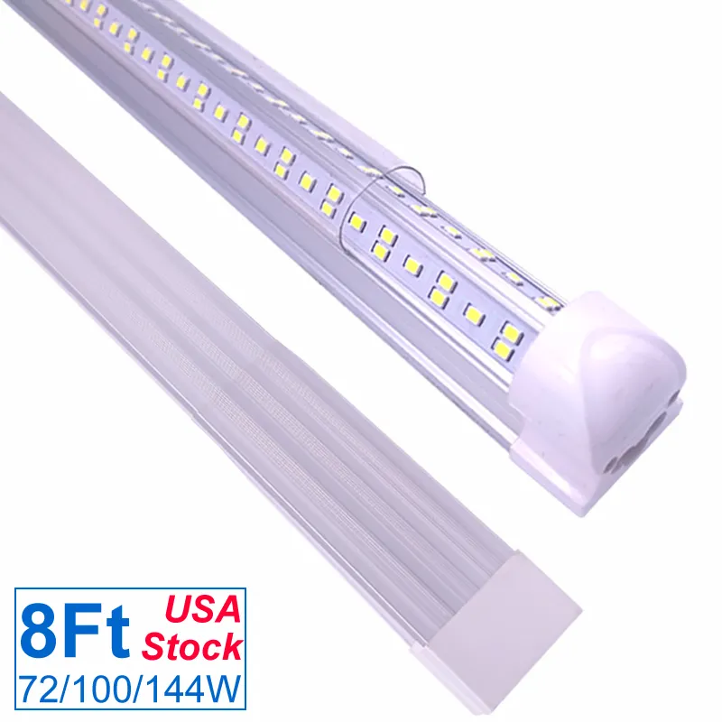 T8 LED Shop Light Tube Baskture, 8FT 72W 100W 144W, четкое покрытие объектива, двойная сторона 4 ряда V Форма Интегрированная лампа лампы, холодильные двери гаражные складские работы