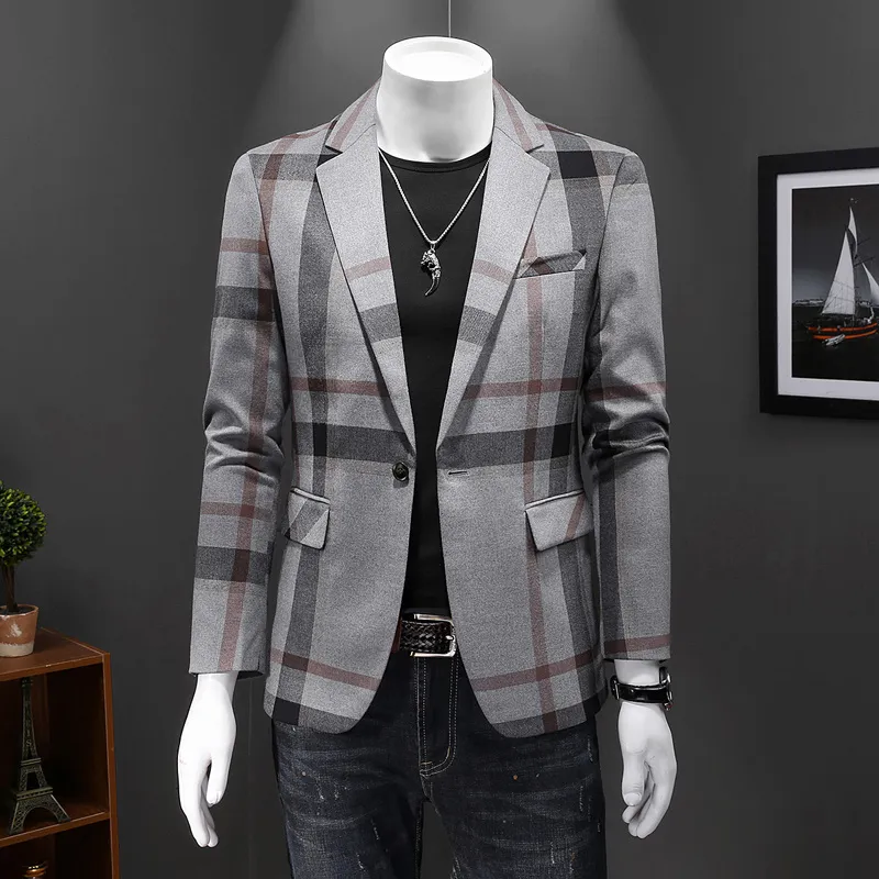 2023 spring new light luxury high-end business casual suit men's fashion trend plaid print small suit all-match slim coat Big fat man, 200 pounds available