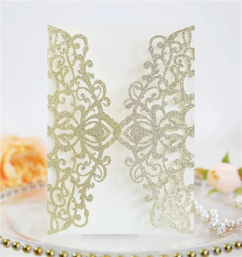 Glitter Wedding Invitation Flower Hollow Laser Cut Elegant Engagement Wedding Invitation Card With Rope and Envelope