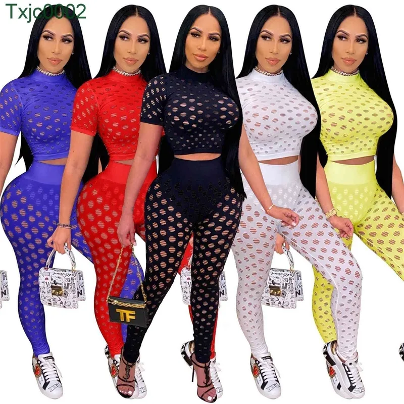 Summer Mesh 2 Piece Pants Set Womens Designer Clothing Tracksuits Sexig ihålig perspektiv Kort ärm Leggings Outfits