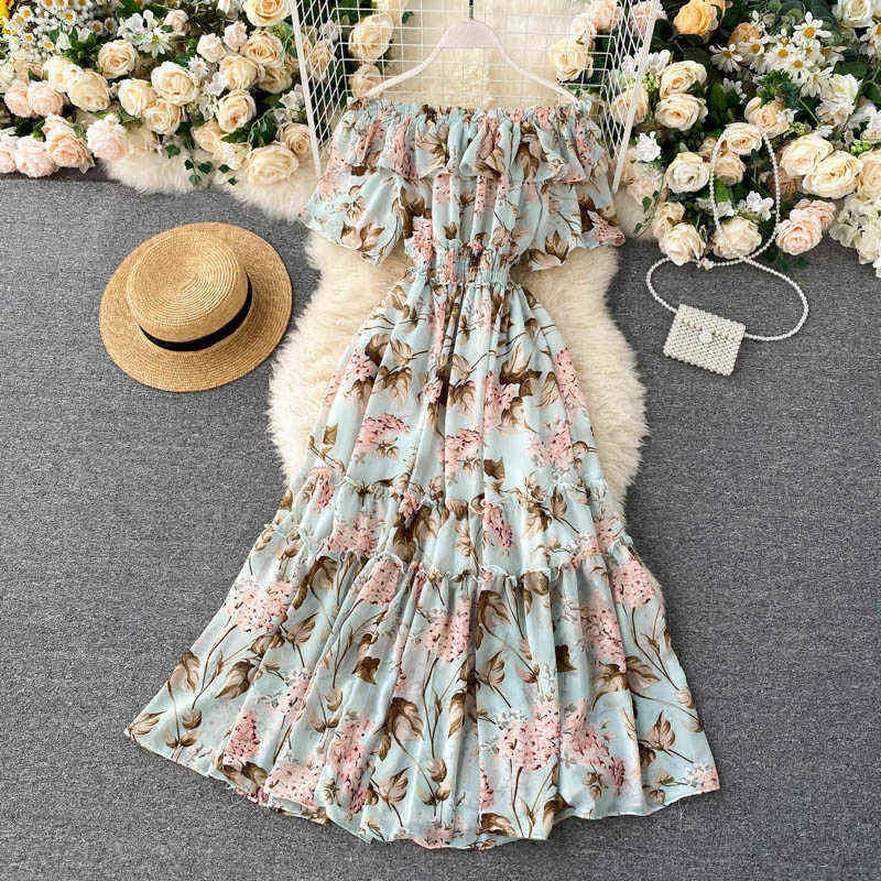 Boho-Blumendruck, sexy Rüschen, Sommer, schulterfrei, Chiffon, langes Kleid, Party, elastische Taille, Damen, lässig, Strandurlaub, Tunika-Kleid Y220413