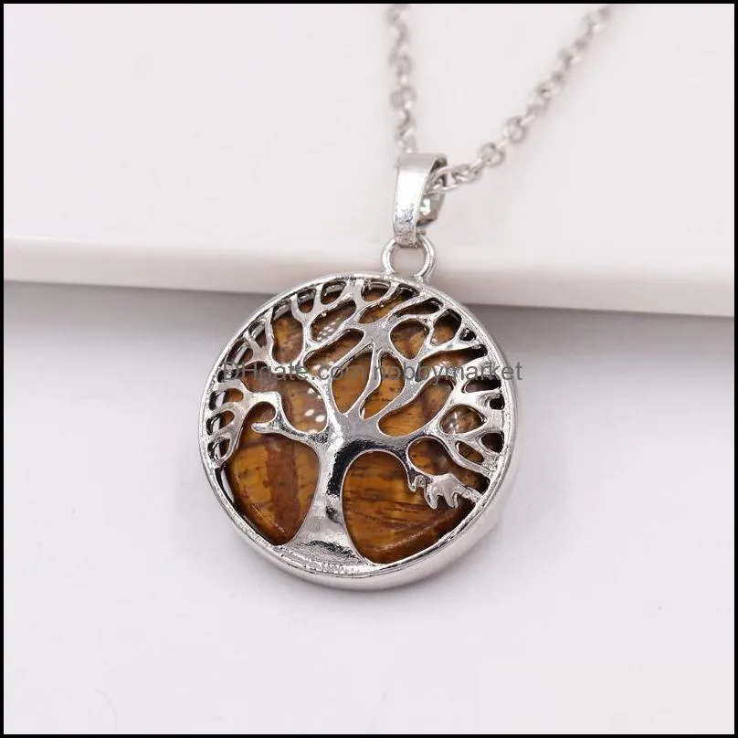 Colorful Natural Stone Agate Tiger Eye Lifetree Pendant Silver Chain Necklce Jewelry for Gift