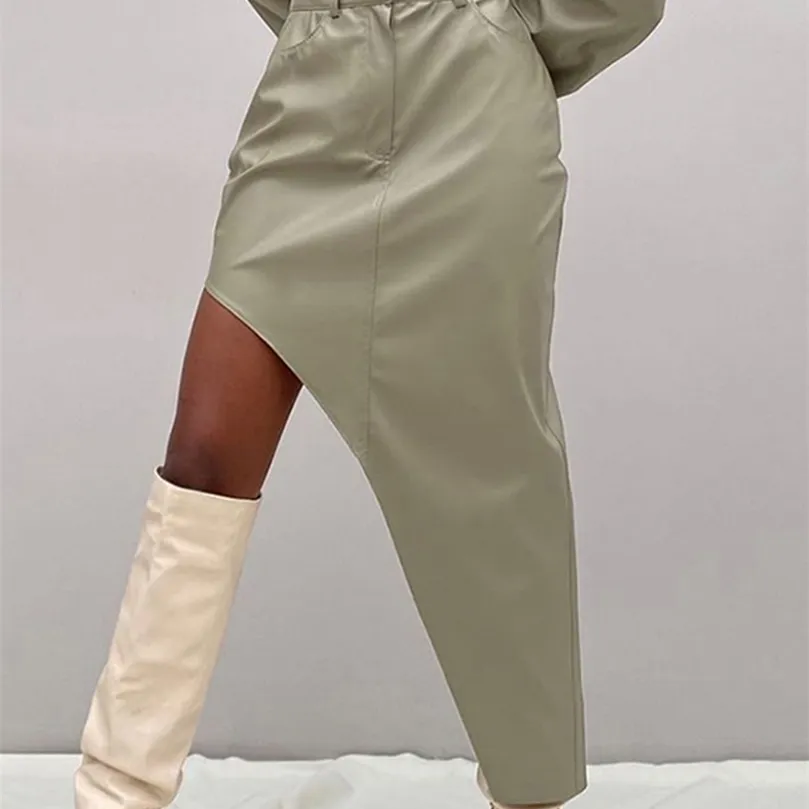 Clacive Fashion Pu Leather Women'S Skirt Casual Irregular High-Waisted Ladies Vintage Slim Pocket Long s 220317