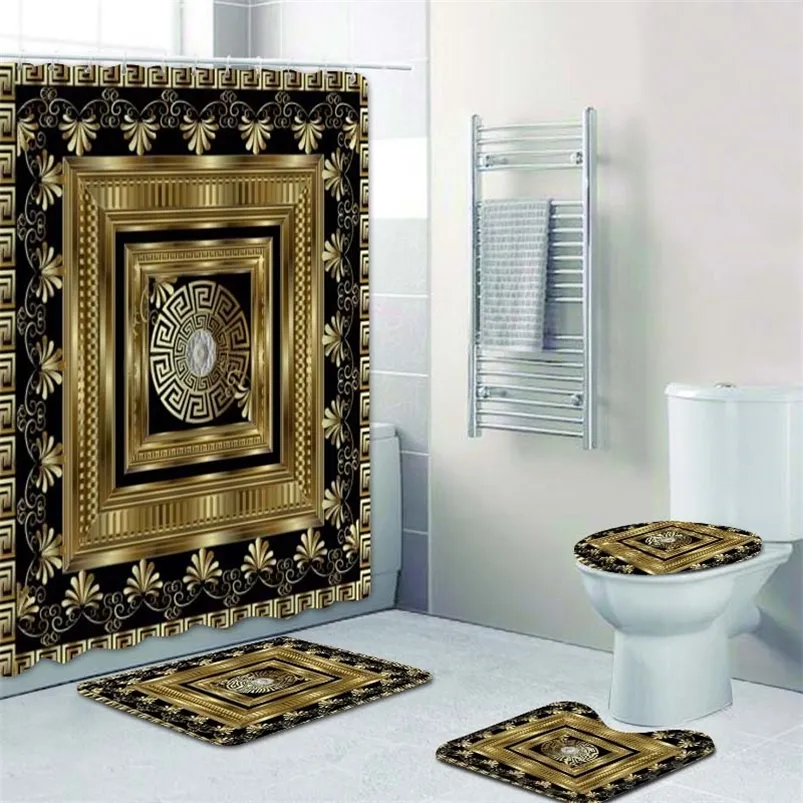 Luxuriöses goldenes 3D-Duschvorhang-Set mit geometrischem griechischen Schlüsselmuster, florales Mäander-Ornament, Mandala, Badezimmermatten, Heimdekoration, 180 x 200 cm, 220427