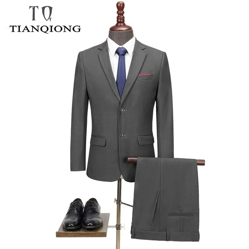 Tian Qiong Men Suits أحدث معطف بانت تصميمات الزفاف للرجال العلامة التجارية ملابس Slim Fit Black Gray Mens Suital 201106