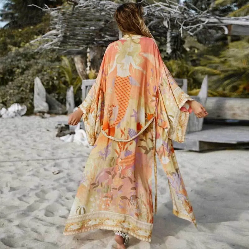Floral Print Kimono Cardigan Long Blouses for Women Swim Cover Up Summer Boho Kaftan Beach Femme Vestid