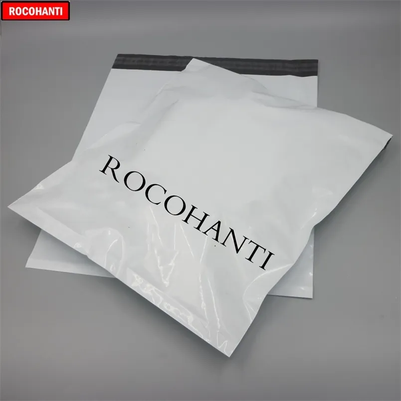 100 stcs aangepaste plastic zak geprinte witte kleur poly mailer voor levering kleding cadeau verpakking zakken benodigdheden 220704