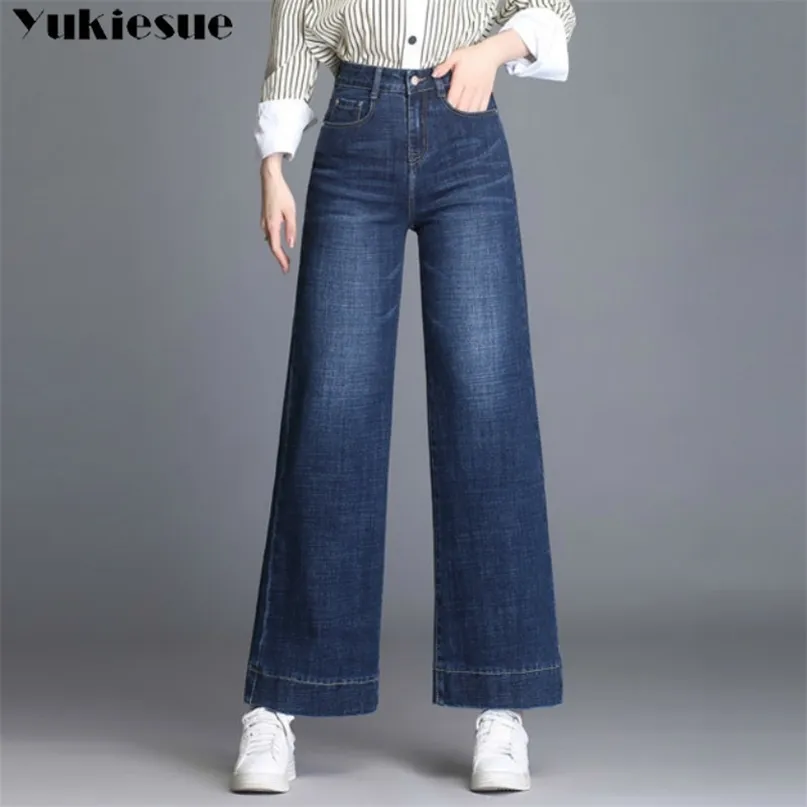 Винтажные джинсы с высокой талией для женщин для женщин в стиле ретро колокольчики нижние джинсы Женщина темно -синие джинсовые штаны 210412
