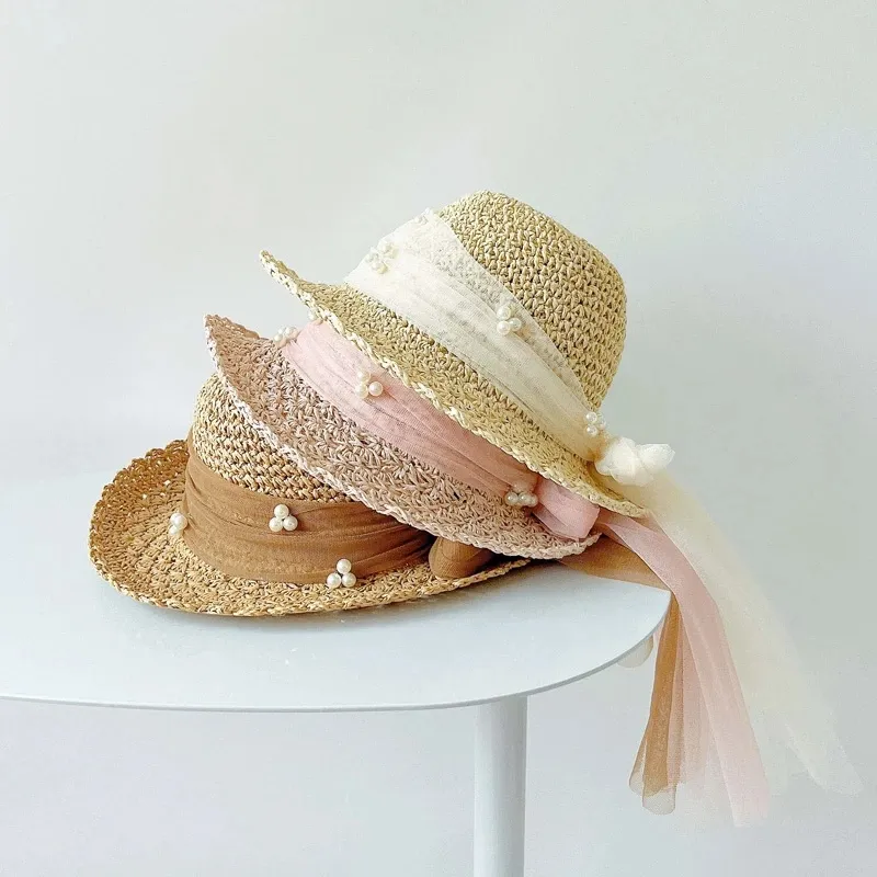 真珠bowsとの女の赤ちゃんの帽子夏の子供キッドプリンセスサンキャップビーチ旅行ベビーアクセサリーのためのパナマバケツ帽子1-3y