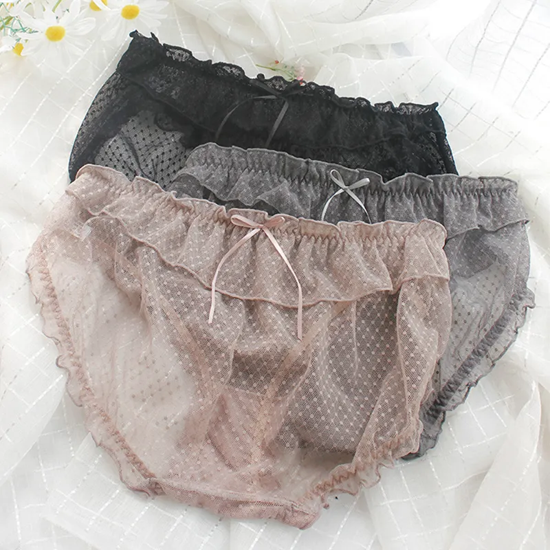 Mutandine da donna Large Sexy Lace Thin Mesh Trasparente Sweet Bow Ruffle Cute Slip Underwear Plus Size Women 220511