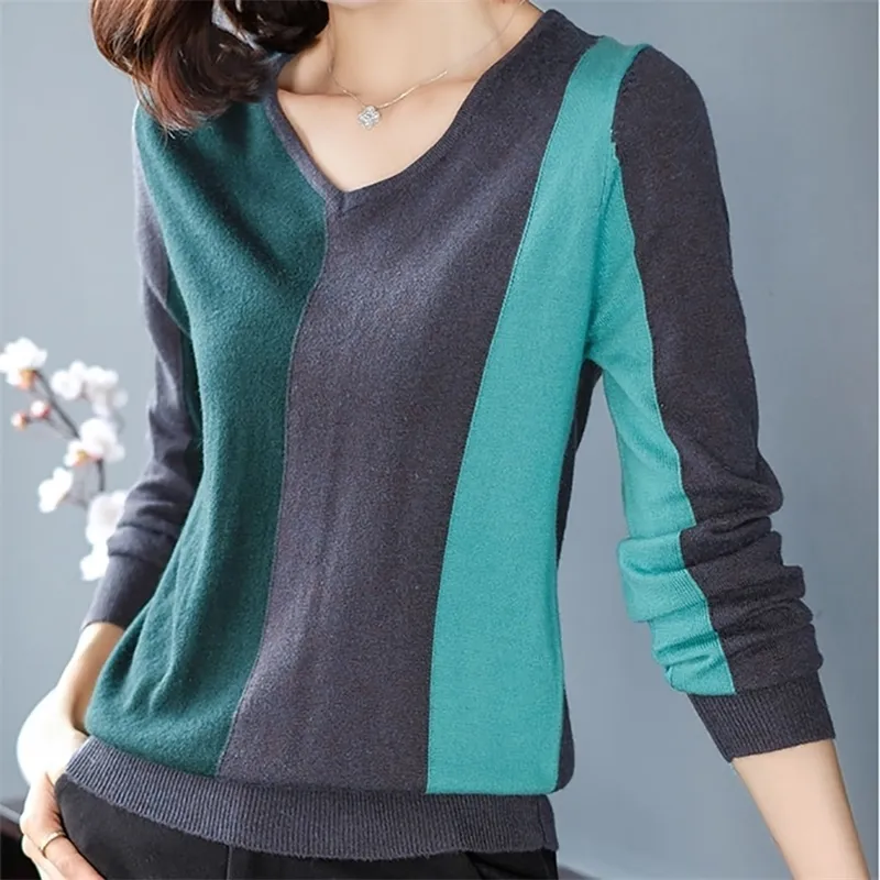 shintimes Contrast Color Fall Long Sleeve Women Sweater Knitted VNeck High Elastic Winter Fashion Pullovers 201221