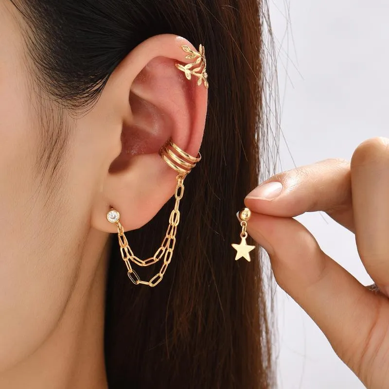 Clip-on & Screw Back 3pcs/set Gold Color Link Chain Tassel Clip On Earrings Female Geometric Star Piercing Earcuff Jewelry For WomenClip-on