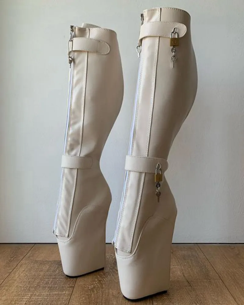 Sorbern Beige Ballet Wedge Boots Women Knee High Double Straps With Locks Lockable Zipper In Front Lace Up Sm Fetish Shoes
