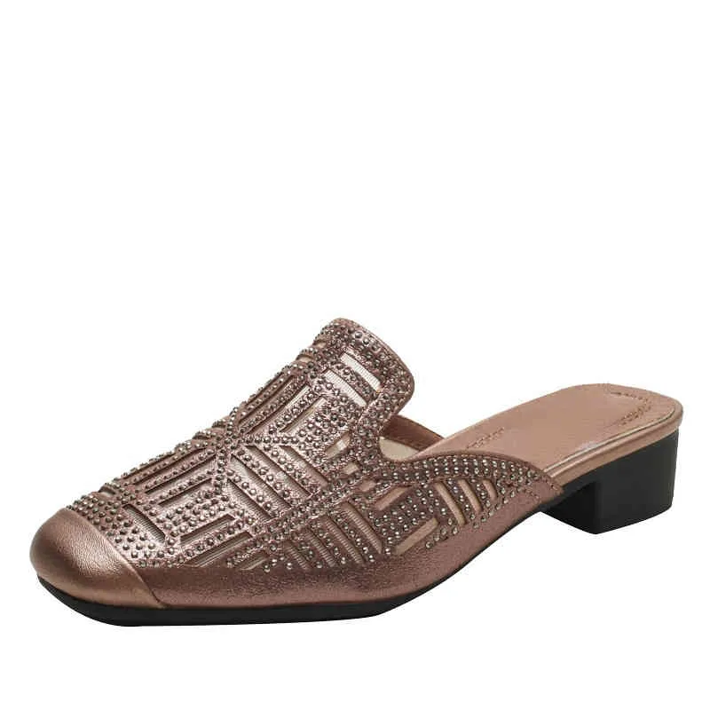 Mesh diamond granny slipper 2022 summer personalized slippers women wear thick heel Baotou sandals
