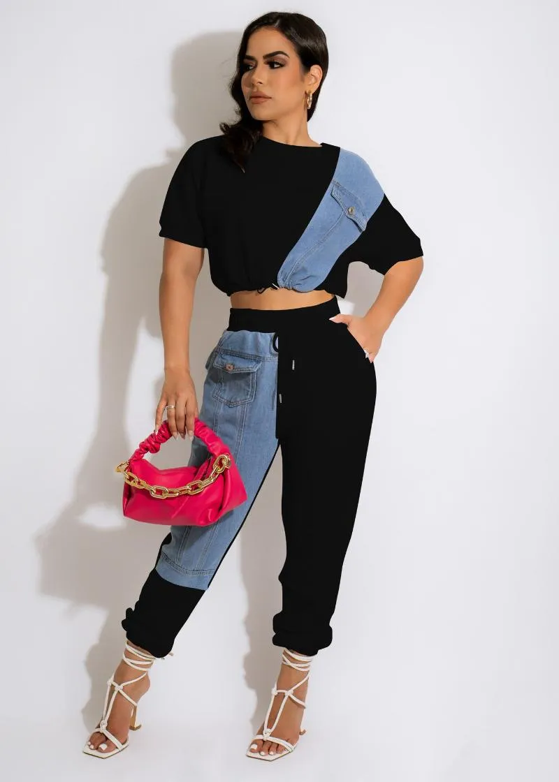 Women's Two Piece Pants Fashion Women Sets Casual Denim Patchwork Short Sleeve Tops High Waist 2 Outfits 2022 Summer