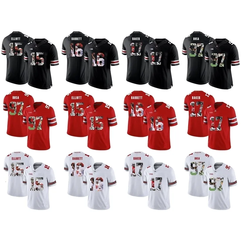 CeoMitNess Ohio State Buckeyes # Ezekiel Elliott J.T. Camisas costuradas de futebol americano Barrett Jerome Baker Joey Bosa College branco preto vermelho