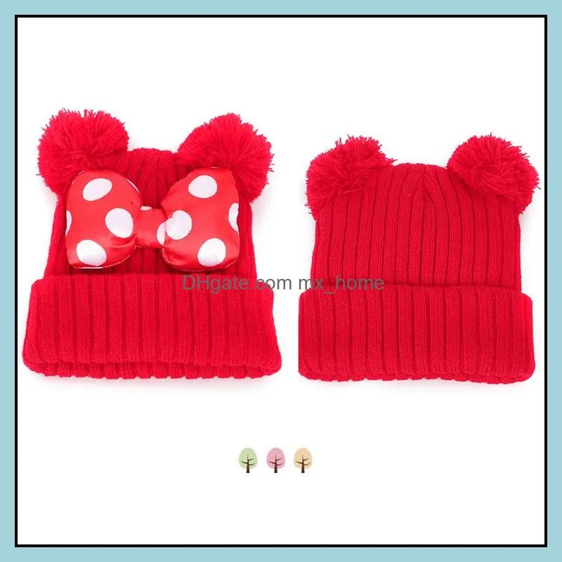 4 colors Baby Pom Pom beanie cap Toddler Kids Baby Girls Winter Warm Crochet knitted hat Bow Fur bow hat Wholesale JY820