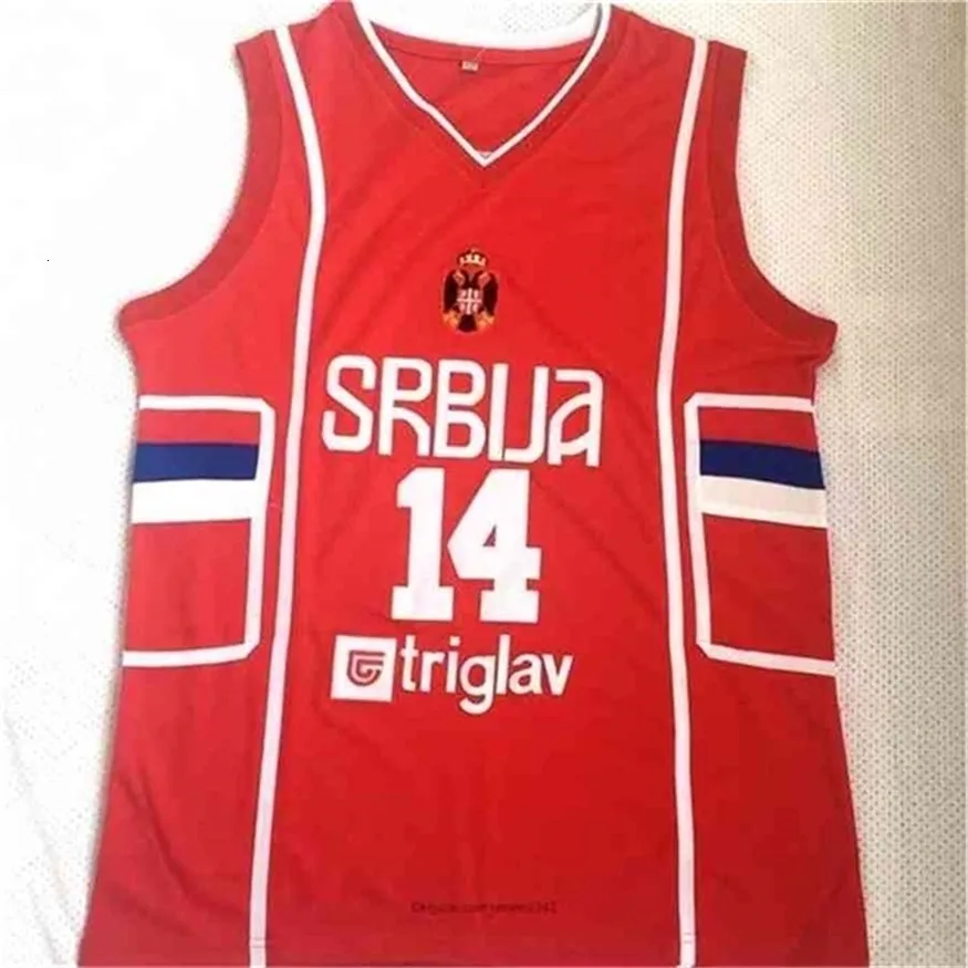 ニキビップヨーロッパセルビアニコラ14バスケットボールジャージーメンズ刺繍ステッチトップ品質のシャツスポーツEチームレッドサイズS-2XLビンテージ
