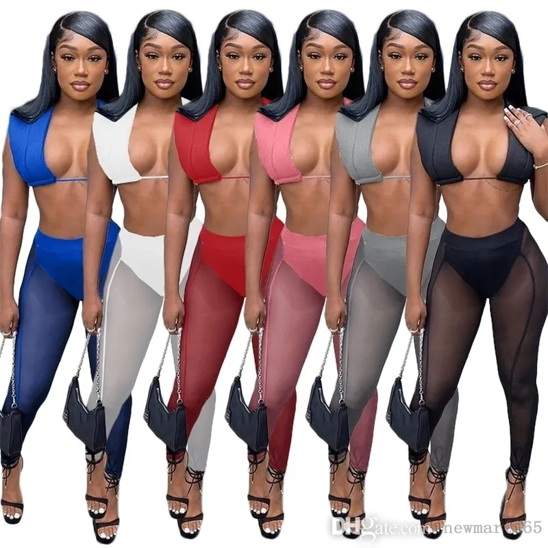 Sexy Sheer Yoga Pants Set Tute da donna firmate Beach Mesh Bikini a due pezzi Costumi da bagno Crop Top Abiti Abbigliamento donna