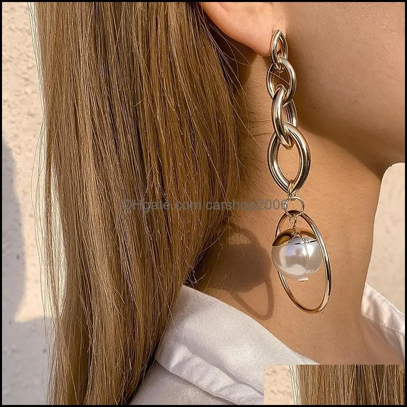 Charm Earrings Retro Metal Long Imitation Pearl Bohemian Personality Irregular Geometric Shapes Big Round Chain Earring Women Gold Pendant Ear Jewelry