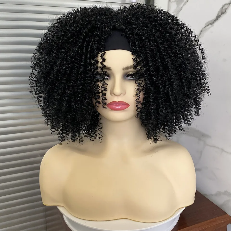 Headband Wig Short Hair Afro Kinky Curly Synthetic Natural Wigs For Black Women Glueless Cosplay Drag Queen Black Wig Faersafactory direct