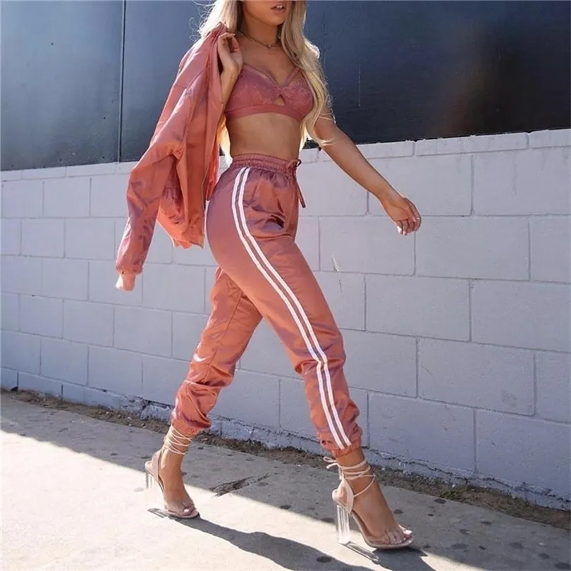 Satin Two Piece Set Tracksuit For Women Elegant Rands Top and Pants Set Spring Womens Casual Sweat Suits Outfits Clothing T200706