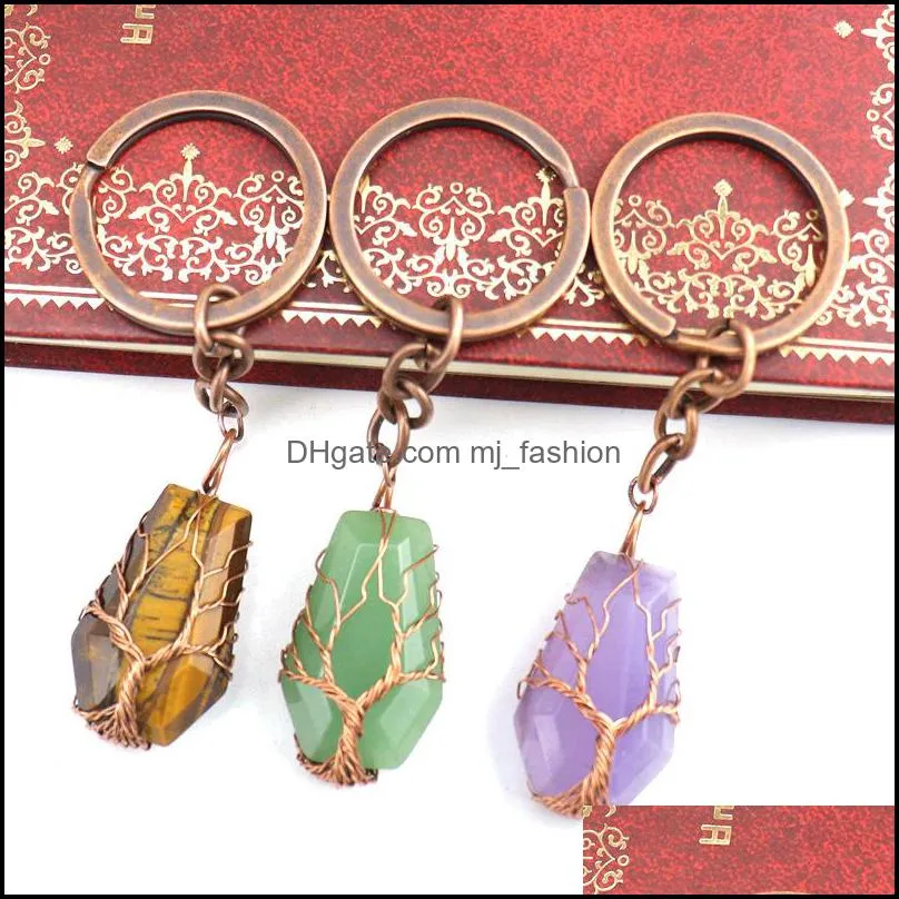 retro handmade tree of life key rings coffin shape reiki healing chakra quartz mineral tumbled gemstones keychain keys chain mjfashion