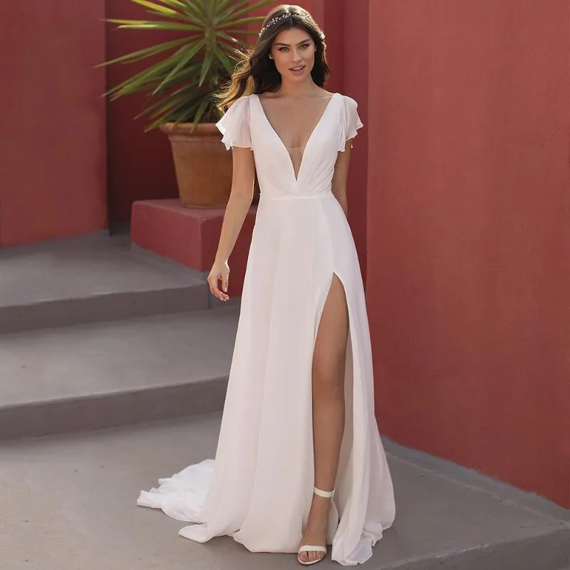 Other Wedding Dresses Chiffon A-Line Side Slit 2022 Fashion Short Sleeve Zipper Back Deep V-Neck Bridal Gowns Sweep Train Custom MadeOther